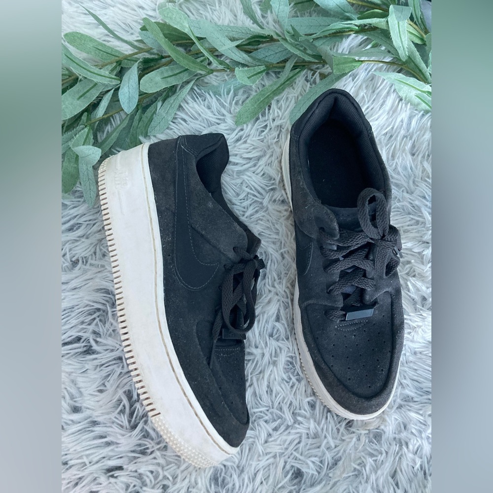 Nike Womens Air Force 1 Sage Night Black Suede Chunky Platform Sneakers